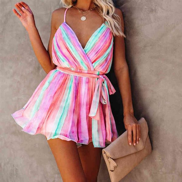 Mujeres Pink Tie-Dye Lace-Up Spaghetti Strap Dress Summer Ladies Sexy con cuello en V Sashes Backless Boho Beach Holiday Mini vestidos 210416