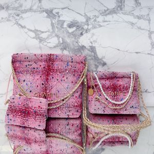 Vrouwen roze tweed 22 winkels tassen parelarmband handgreep met lederen ketting gewatteerde schouder grote capaciteit crossbody designer handtas met mini -portefeuilles 22/30c