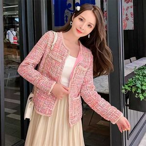 Vrouwen roze tweed jasjas jasbaan herfst winter single breasted wave vrouwelijke mode vintage bovenkleding 211014