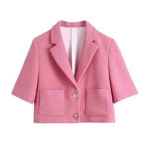 Femmes rose sergé doux Blazer veste printemps à manches courtes bureau manteau décontracté col rabattu dames hauts vêtements d'extérieur 210430