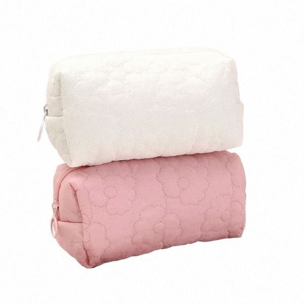 Femmes Pink White Cott Fr Broderie Pillow Cosmetic Sac de grande capacité Organisateur de maquillage de grande capacité Sac de rangement de voyage portable H2IM #