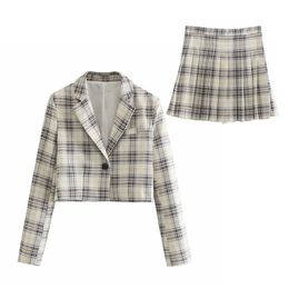 Dames Plaid Herfst 2 Stuk Set Blazer, Hoge Taille Rok Kantoor Dame Jacket Suits Verkocht apart Girl Blazer and Skirt Set 210430