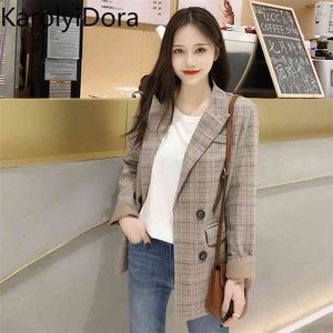 Femmes Plaid Blazer Veste Printemps Automne Mode Femme OL Casual Lâche Double Boutonnage Costumes Vestes Outwear Manteau Plus La Taille 210520