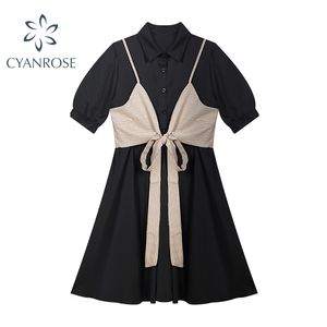 Vrouwen plaid boog lantaarn korte mouw elegante jurk zomer preppy stijl Koreaanse vintage nep tweedelige dame shirt 210515