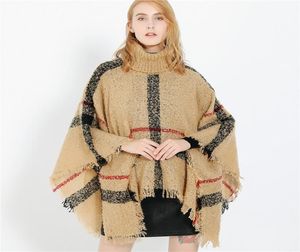 Vrouwen plaid mantel herfst winter sjaal sjaal hoge kraag trui sjaals batwing kwalen poncho voor meisje gebreide cape outwear ljja29784484901