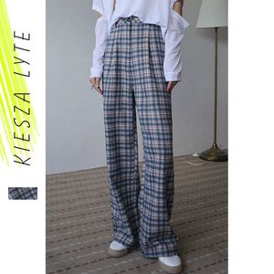 Calças femininas xadrez outono casual chique cintura alta longa perna larga calças Harajuku Streetwear 210608