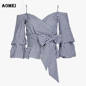 Femmes Plaid Peplum Tops Chic Blouse Chemises Dos Nu Vichy Épaule Froide Sexy Spaghetti Strap Bowtie Taille Ceinture Vêtements D'été 210416