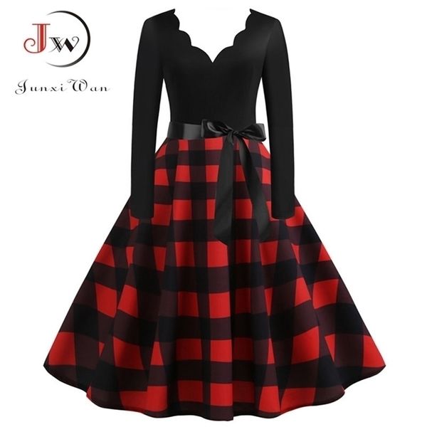 Femmes Plaid Imprimerie hivernale robe noire à manches longues de Noël vintage épingle rockabilly robe femme plus taille s ~ 3xl 220317