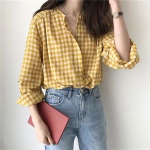 Vrouwen plaid tops en blouses lange mouw zoete shirts dames o nek losse casual Koreaanse stijl shirts blusas femininas 240523