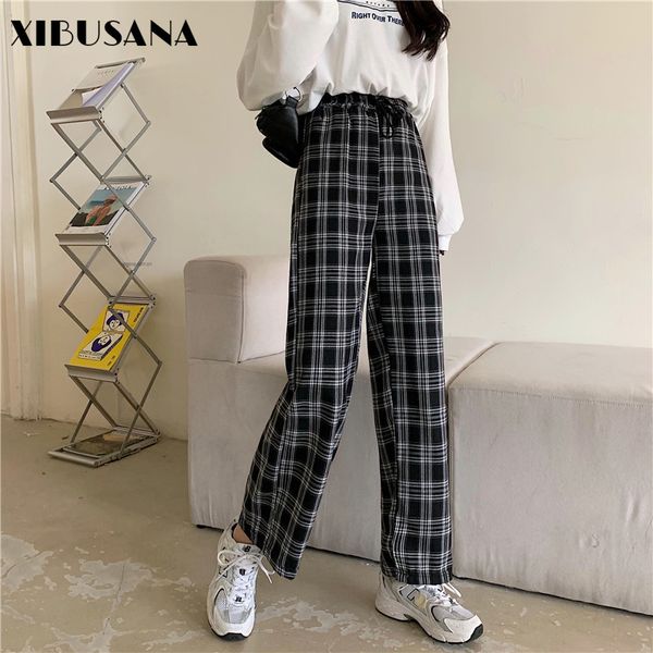 Femmes Plaid Large Jambe Pantalon Printemps Automne Mode Femme Taille Haute Lâche Casual Pantalon Droit Streetwear Pantalon de Survêtement 210423