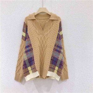 Vrouwen Plaid Winter Sweaters Turn Down Collar Twisted Pullovers Patchwork Casual Jumpers Warm Dikke Cashemere Trui 210430