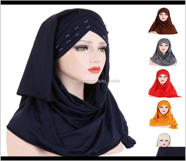 Femmes plaine Turban perle Amira Hijab écharpe tête enveloppement tirer sur châle instantané musulman Hijabs prêt à porter foulard islamique casquette chapeau 5C8972045