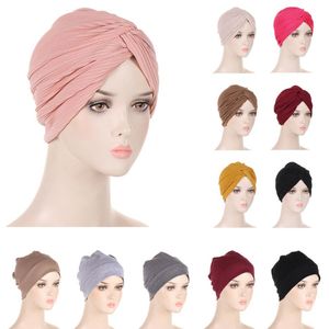 Vrouwen geplooid chemo cap twist beanie moslim binnenha Jat India headscarf haarverlies cover hoofwrap sjaal bonnet bonnet turbante mujer