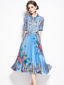Vrouwen geplooid vintage jurk modieuze all-match slanke bloemenprint boog jurken elegante dames hoge taille middelste lengte vestidos