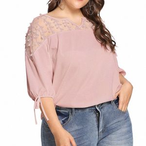 Mujeres Plue Tamaño Blusas Tops Malla de encaje Sheer Chiff Ribbs Linterna Media manga Net Hilado Blusas Top Camisas de gran tamaño Blusas c2TO #