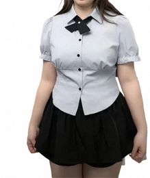 Mujeres más el tamaño 4XL JK Conjunto de uniforme de dos piezas Chicas diarias Camisas de manga corta de soplo Verano Recoger cintura Blusa delgada Falda negra A9A5 #