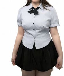 Dames Plus Size 4XL JK Uniform Set Tweedelige Dagelijkse Meisjes Korte Bladerdeegmouwen Zomer Verzamelen Taille Slanke Blouse Zwarte Rok N54m #