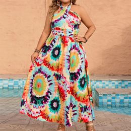 Femmes Plus taille Bohemian Beach Dress Tie Dye Summer Summer Long Robe CHIGH TIVE Backless Halter Neck Maxi Robe Mixcolor Holiday Robe 240527