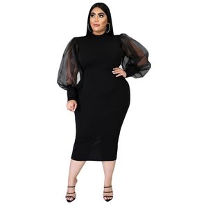 Dames plus size jurken bodycon elegante lantaarn lange mouw mesh solide sexy avondfeest midi jurk