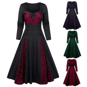 Vrouwen plus size Halloween Skull Lace Insert Mock Button Bowknot Dress Gothic Vintage Patchwork Goth Casual jurken