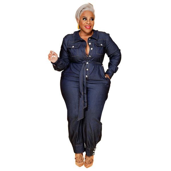 Femmes grande taille combinaisons décontracté à manches longues col en V Denim combinaison taille haute une pièce Jean combinaisons barboteuse ensemble combishort avec ceinture