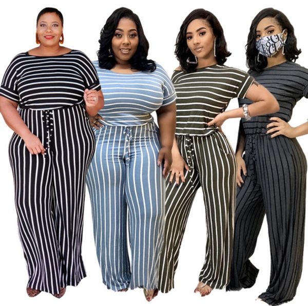 Femmes grande taille Combinaisons mode à jambes larges Barboteuses à manches courtes 3XL 4XL 5XL Combinaisons décontracté lâche Salopette à rayures Vêtements d'été noir pantalon à jambes larges 5639