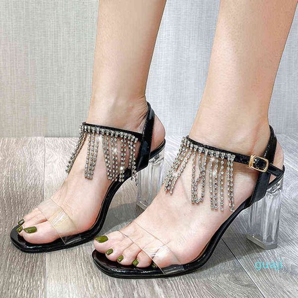 Sandalias de tacón de aguja de talla grande para mujer, una palabra con estilo de hadas, modelo de diamantes de imitación, correa fina, tacones altos, punta cuadrada