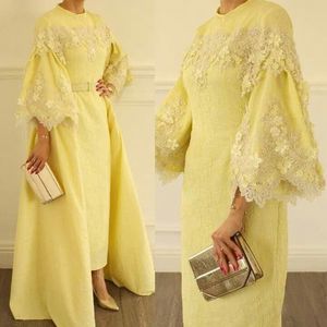 Vrouwen plus size prom -jurken met afneembare trein juweel nek lange mouw kanten gele avondjurk Arabische kafische feestjurken