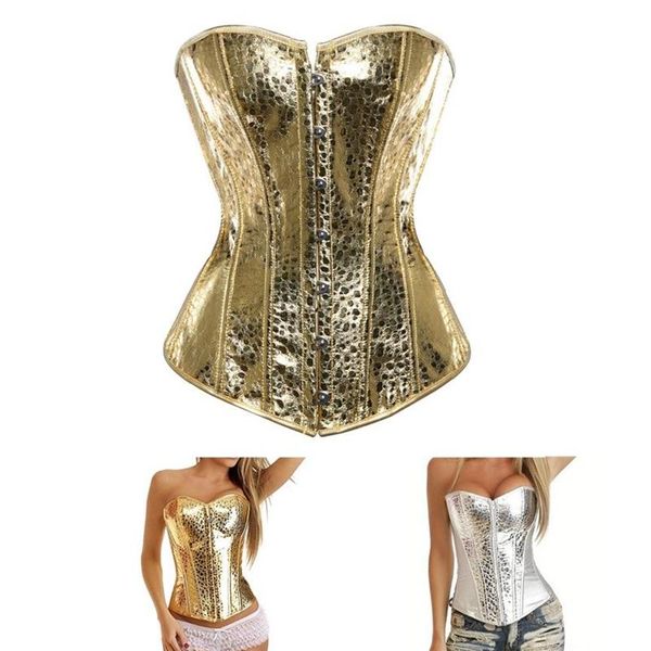 Bustier rembourré en cuir PVC pour femme, grande taille S-6XL, haut corset de danse avec fermeture éclair et détails à pois, or argent 260 g