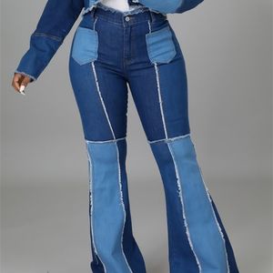 Pantalones vaqueros de empalme de talla grande para mujer, pantalón acampanado, retales de cintura alta, Y2K, ropa de calle, pantalones vaqueros ajustados Vintage para mujer, otoño 231228