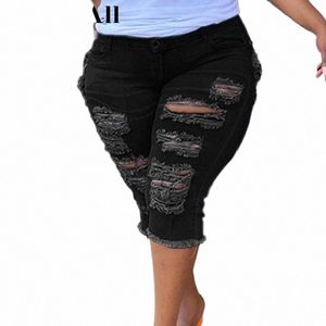 Vrouwen Plus Size Straat Fringe Ripped Stretch Skinny Zwarte Denim Shorts Zomer Sexy Club Party Hoge Taille Korte Jeans Hotpants 81cE #