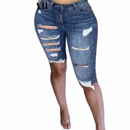Femmes Plus Taille Street Fringe Stretchy Skiny Genou Longueur Denim Pantalon 5XL Été Casual Basic Spandex Cinquième Jeans Grunge Bermudas b1YP #