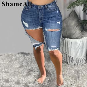 Femmes Plus Size Street Fringe Extensible Skiny Genou Longueur Denim Pantalon 5XL Été Boyfriend Déchiré Cinquième Jeans Grunge Bermudas 240322