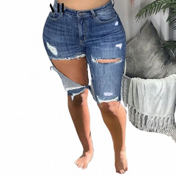 Femmes Plus Taille Street Fringe Stretchy Skiny Genou Longueur Denim Pantalon 5XL Boyfriend D'été Torn Ripped Cinquième Jeans Grunge Bermudas g5E3 #