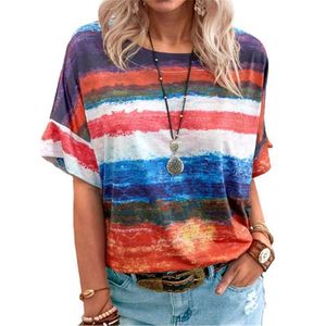 Mujeres más tamaño camiseta de verano casual tie tinte raya impresión o cuello camiseta suelta femenina gradiente color manga corta streetwear top 210526