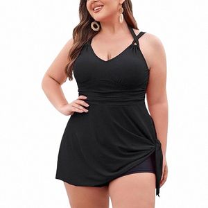 Traje de baño de talla grande para mujer, Tankini negro de dos piezas, traje de baño con cuello en V, traje de baño con falda y dobladillo asimétrico floral con pantalón corto 9402 #