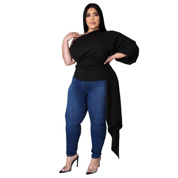 Femmes grande taille T-shirt Sexy une épaule bouffée à manches longues haut bas asymétrique à volants ourlet tunique hauts Blouses