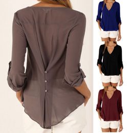 Tops de talla grande para mujer, blusas elegantes de moda informal con cuello en V, camisetas de chifón de manga larga para otoño, primavera y verano