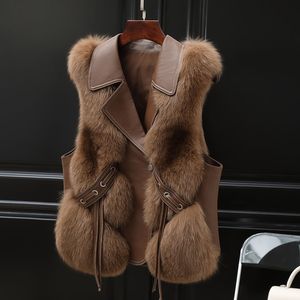 Femmes grande taille manteaux d'hiver pu coutures en cuir Imitation fourrure de renard en peluche mode décontractée loisirs tir de rue multicolore gilet sans manches vestes manteau court S-3XL