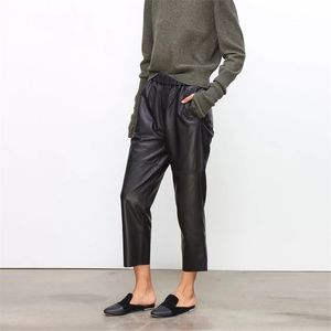 Femmes pnats pantalons en cuir véritable femmes pantalons en cuir taille haute sarouel taille plus nouveau pantalon streetwear taille élastique 201119