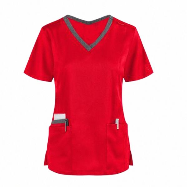 Mujeres Bolsillo Uniforme de enfermería Señoras de manga corta con cuello en V Trabajadores de cuidado Enfermera Trabajo Médico Scrub Uniformes Blusa Tops Uniforme 58Kk #