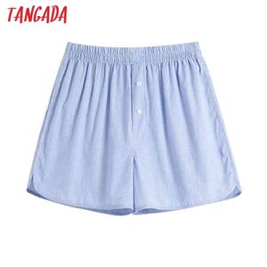 Femmes Poches Rayé Shorts Mode Été Vintage Haute Taille Élastique Split Hem Femme Pantalon Court Mujer BE416 210416