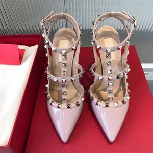 Femmes pointues sandales talons hauts rivets chaussures de mariage été marque de luxe sexy deux ceintures en cuir véritable talon mince 6 cm 8 cm 10 cm taille 34-44 avec sac à poussière rouge