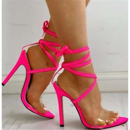 Femmes pointues brillantes ouverts PVC Patchwork Stiletto Gladiator Rose Rose Neon Yellow Stracles Cross Hi D42