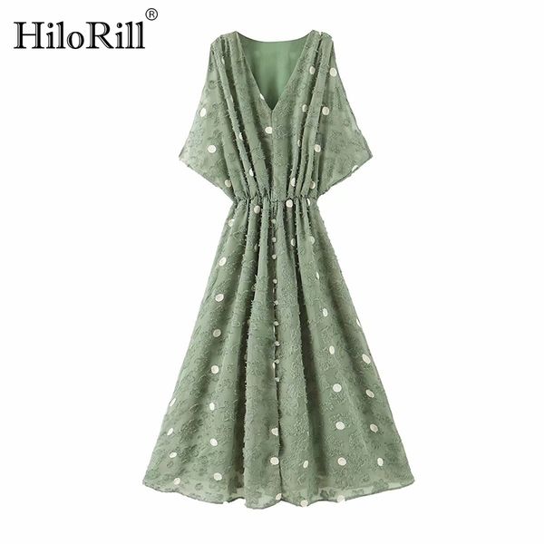 Femmes Polka Dot Élégant En Mousseline De Soie Robes Longues D'été Col En V Split Sexy Partie Une Ligne Sans Manches Casual 210508