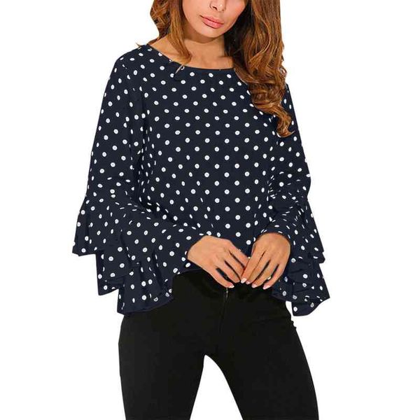 Femmes chemises à pois printemps mode O cou à manches longues Blouse Femininas décontracté noir et blanc hauts dames Blouse décontractée hauts L220706