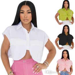 Femmes Polo Shirt 2023 été mode chemises simple boutonnage poche avant irrégulière à manches courtes Mini Blouse et haut court ample