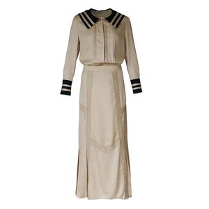 Vrouwen Polyester Beige Sailor Collar Volledige Mouw Vintage Empire Lange Rok Solid Twee Stuks Set T0049 210514