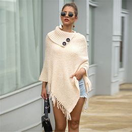 Dames Poncho Winter Cape Korean High Collar Twee gesp Tassel Cloak Sweater Slanke Jas Wol Warme Luxe 210428