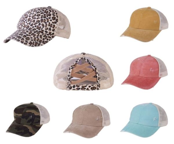 Femmes queue de cheval casquette de baseball entrecroisé léopard camouflage lavé coton chapeaux camionneur casquettes été snapback sport visière chapeau de soleil H2304121660